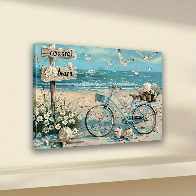 2D Flat Pine Wooden Frame Canvas Print Artwork, Coastal Scene Beach Ocean Shell Bicycle Painting, Fashionable Horizontal Home Decor for Bedroom (Beach Scene Graphic Wall Arts), Decoration