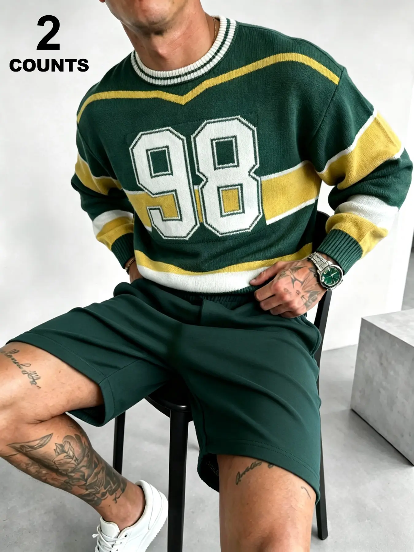 Sportswear Essential Round Neck Long Sleeve Sweater + Knit Shorts Set, Matching Two-Piece Pack, Unisex, Perfect for Sports Events