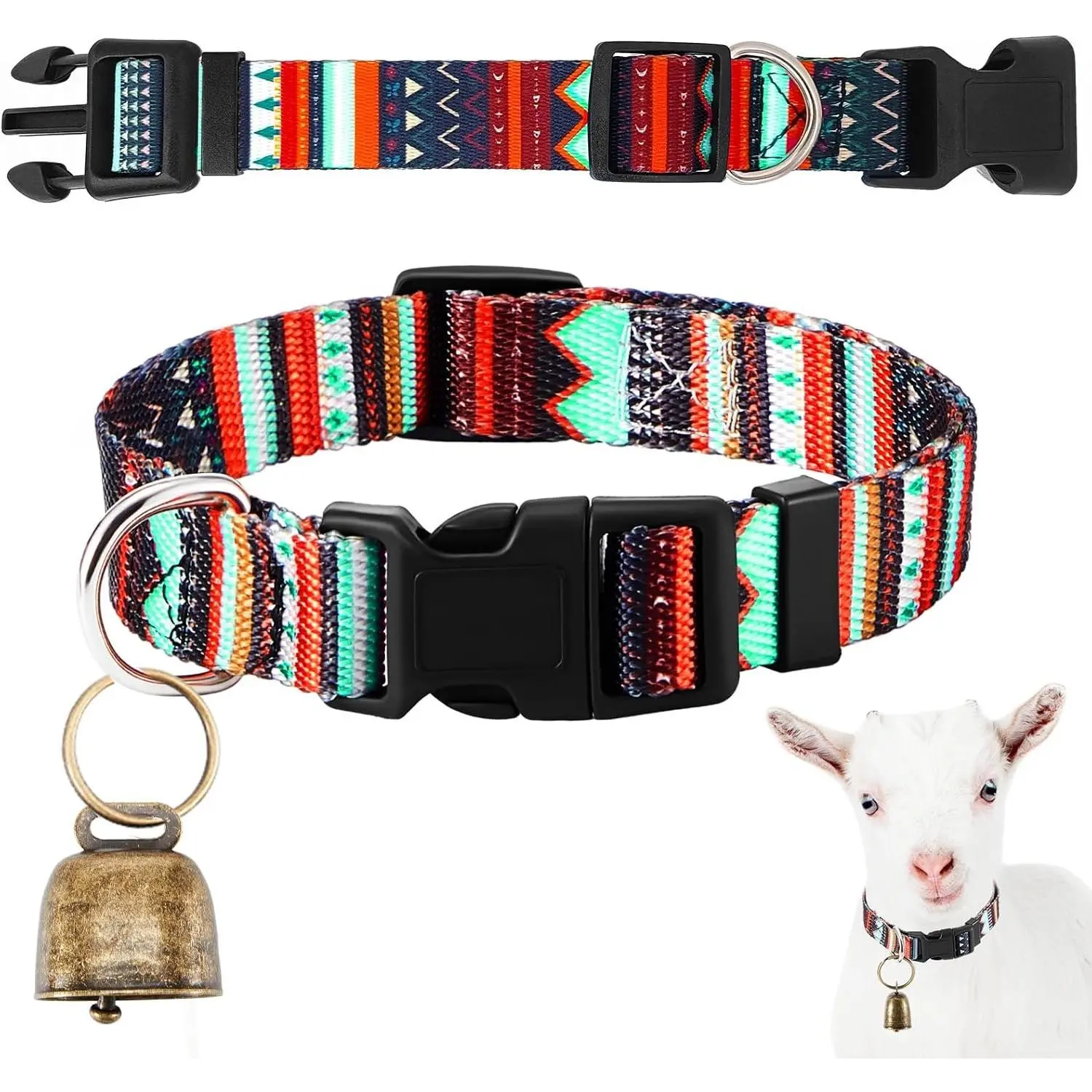 Adjustable Nylon Goat Collar Set with Loud Bronze Copper Bells for Spring Summer Small Farm Animals Sheep Cow Dog Accessories(Geometric)