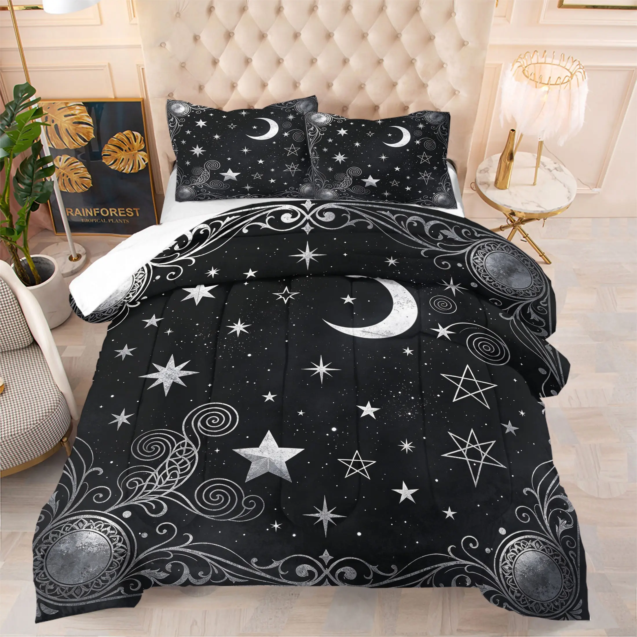 Gothic Mystical Moon Star Ornate Frame Print Bedding Set, Includes 1 Comforter and 1-2 Pillowcases, Vintage Celestial Scroll Pattern Print, Gift for Kids, Teens and Adults, Decor Gift for Gothic Aesthetic Fans