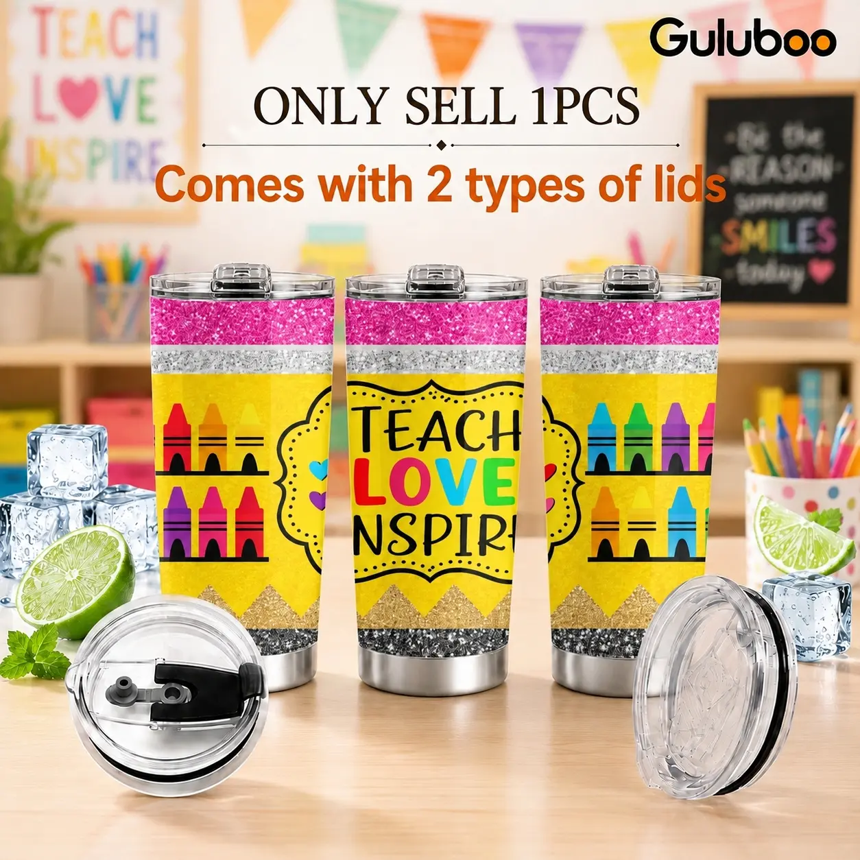 Guluboo Teacher Crayon Big Heart 20oz Tumbler, Cute Classroom Stainless Steel Insulated Coffee Cup with 2 Lids and Straw, Teacher Appreciation Travel Mug for Educators School Office Home Daily Use and Gifts