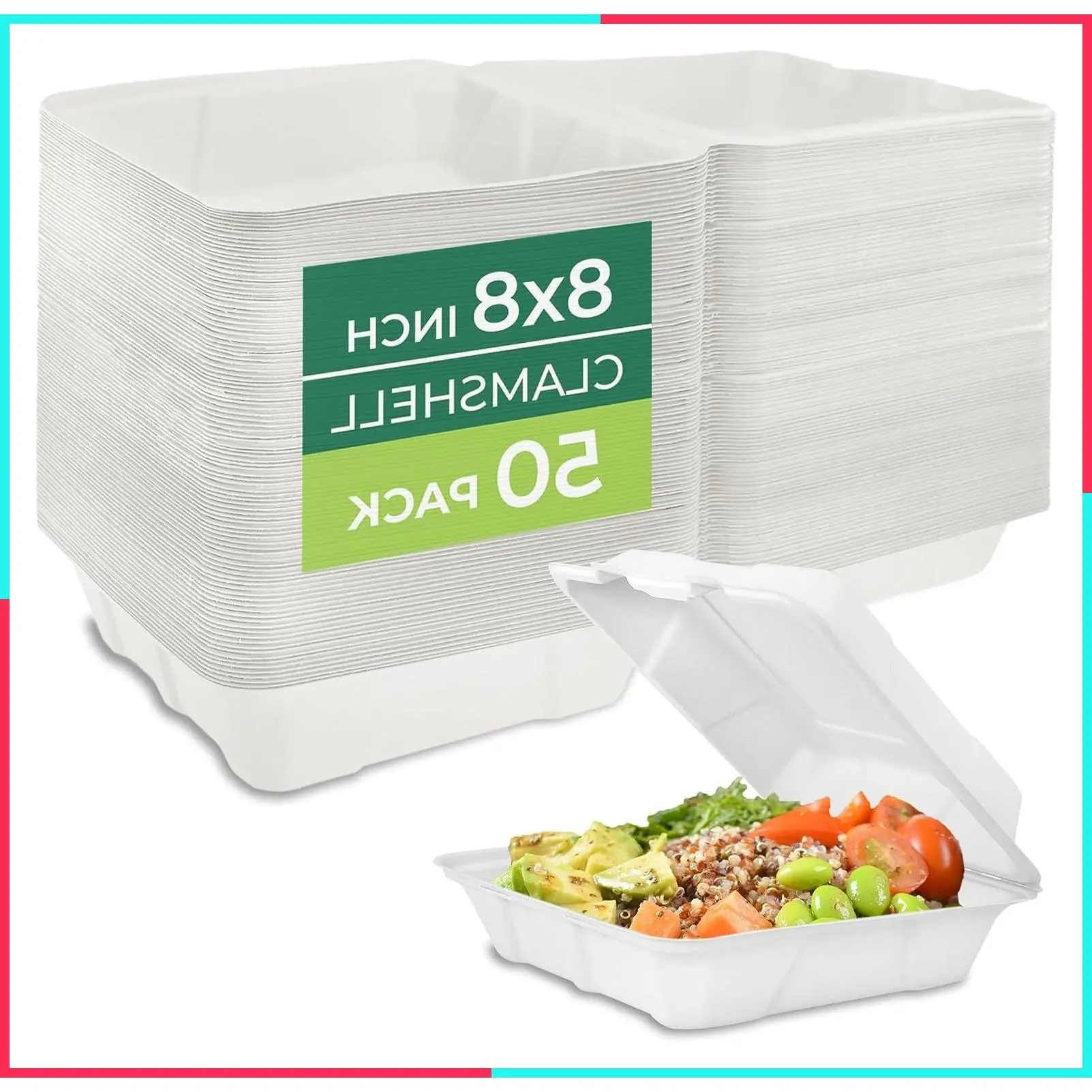 Compostable Clamshell Food Containers - 8x8" 50-Pack, Biodegradable Sugarcane To Go Boxes, Heavy Duty Paper Container - Microwave & Freezer Safe, Stackable