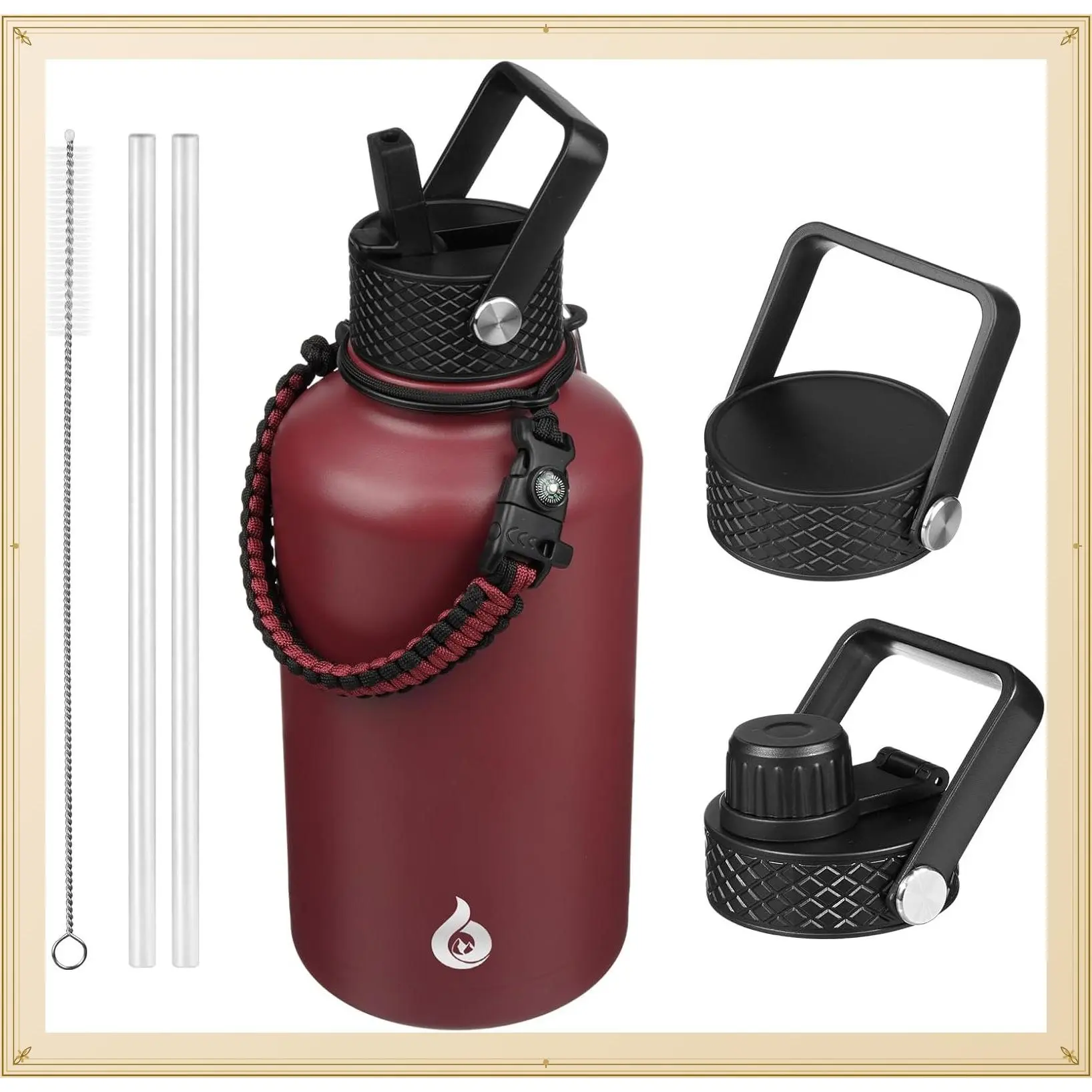 64oz Insulated Water Bottle, Half Gallon Water Jug with Straw Lid | Large Stainless Steel Vacuum Jug, Keep Cold & Hot, BPA-Free Leak-Proof with 3 Lids, Paracord Handle, for Sports Hiking TravelGift