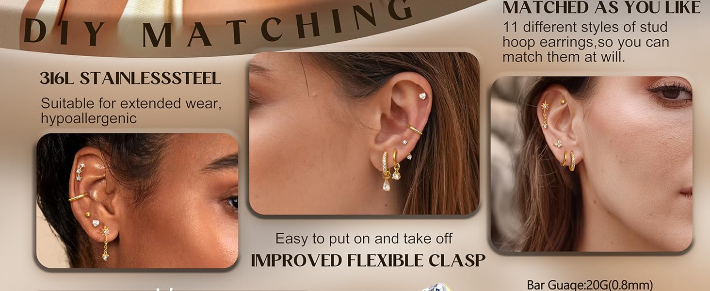 CASSIECA Flat Back Earrings for Women Hypoallergenic 14K Gold-plated Plated Surgical Steel Earring Stacks Set | Small Stud & Hoop for Cartilage, Helix, Tragus | Multiple Piercing Comfort Jewelry Gold
