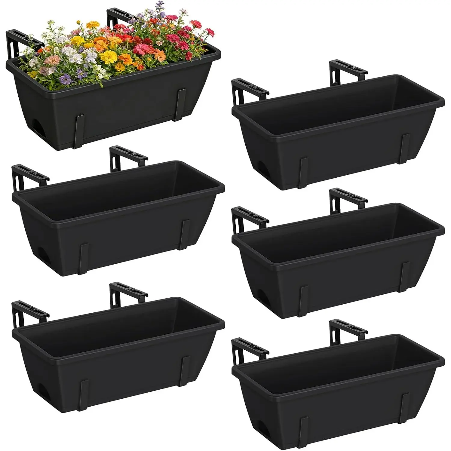 6 PCS Railing Planter Boxes, Black Planter Boxes with Adjustable Bracket, 17 Inch Deck Rail Planters for Outdoor Plants, Flower Pots for Balcony Garden Decor