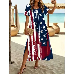 Women's Round Neck Printed Short-Sleeve Slit Loose Casual Wear Maxi Dress for Summer, 250th Anniversary, 4th of July Independence Day Clothes