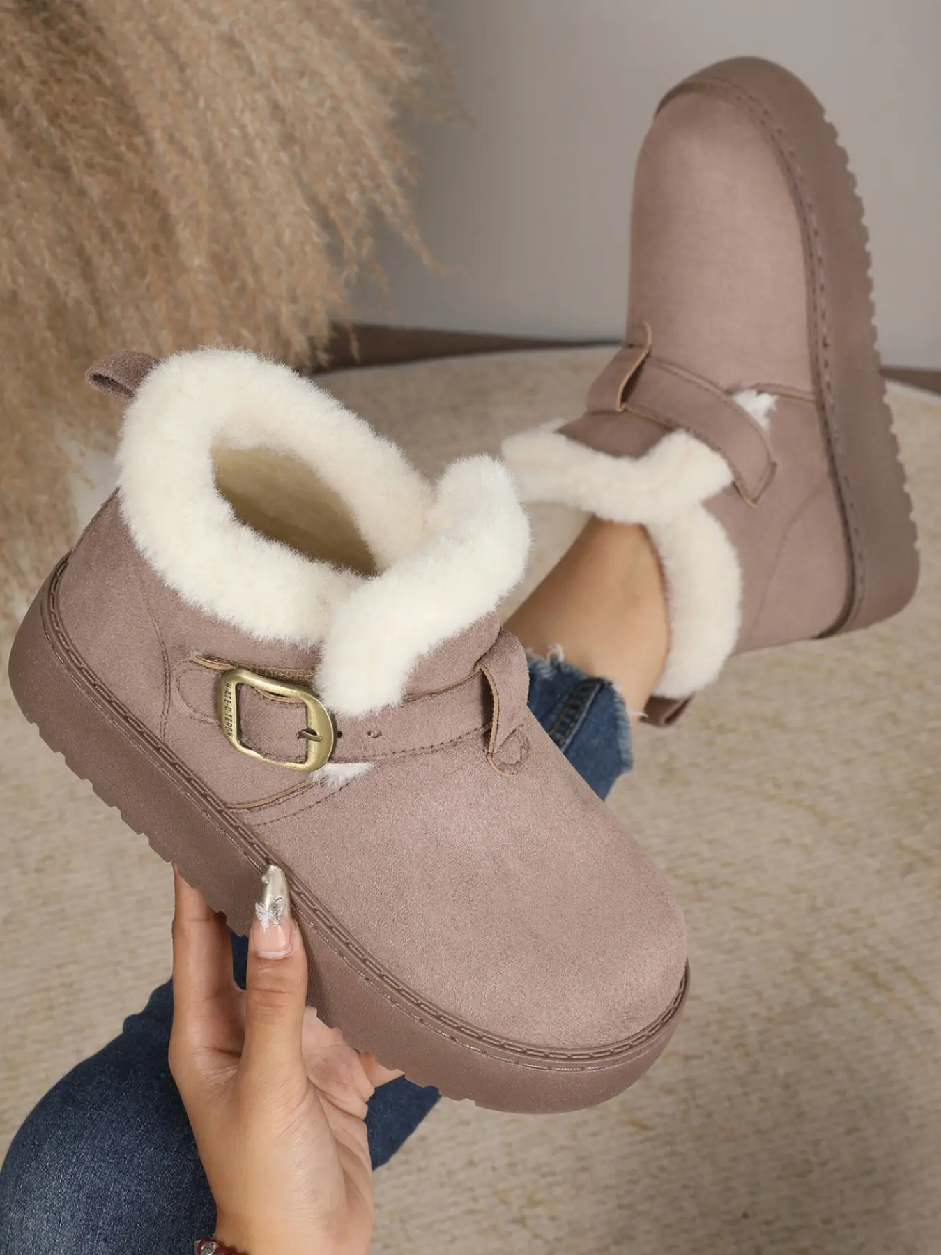 Women's Fall Winter Short Snow Boots, Foldable Lamb Fur Lining, Thick Sole Anti-Slip, Casual Warm Cotton Boots, Outdoor Wear