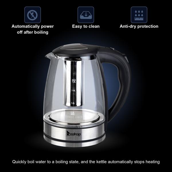 ZOKOP HD-1861-A 110V 1200W 1.8L Electric Glass Kettle US Plug with LED Lights, 360° Rotation Base, Auto Shut-off, and Mesh Filter for Spill Proof Pours Automatic