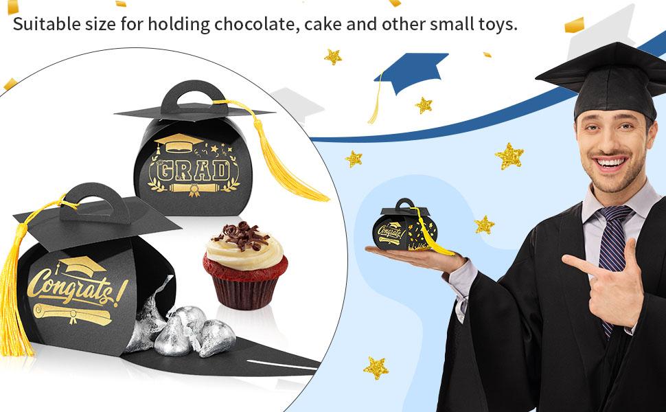 30 Pcs Graduation Cap Gift Box Graduation Party Favors Candy Boxes Treat Box with Tassel Table Centerpieces Class of 2026 Grad Decorations(Black, Gold)