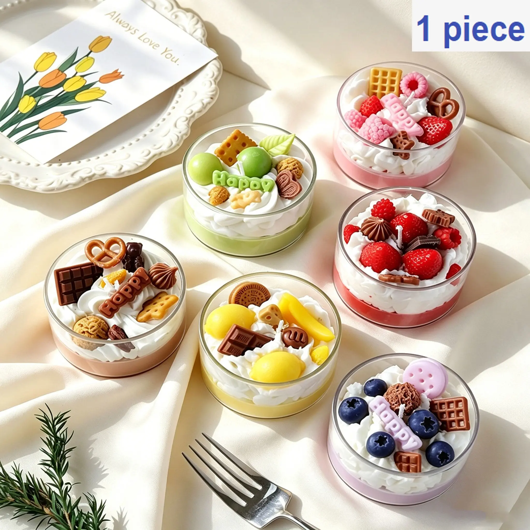 Glass Jar Mousse Dessert Scented Candle, Decorative, Eco-Friendly Soy Wax, No Smoke, Handcrafted Cream Frosting, Fresh Fruit Chocolate Details, Easy Storage