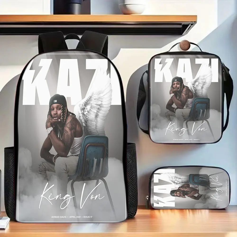 JIT Christmas Season King Von Men's backpack three-piece set with handbag and pencil case, ultra-light and large-capacity backpack for teenagers