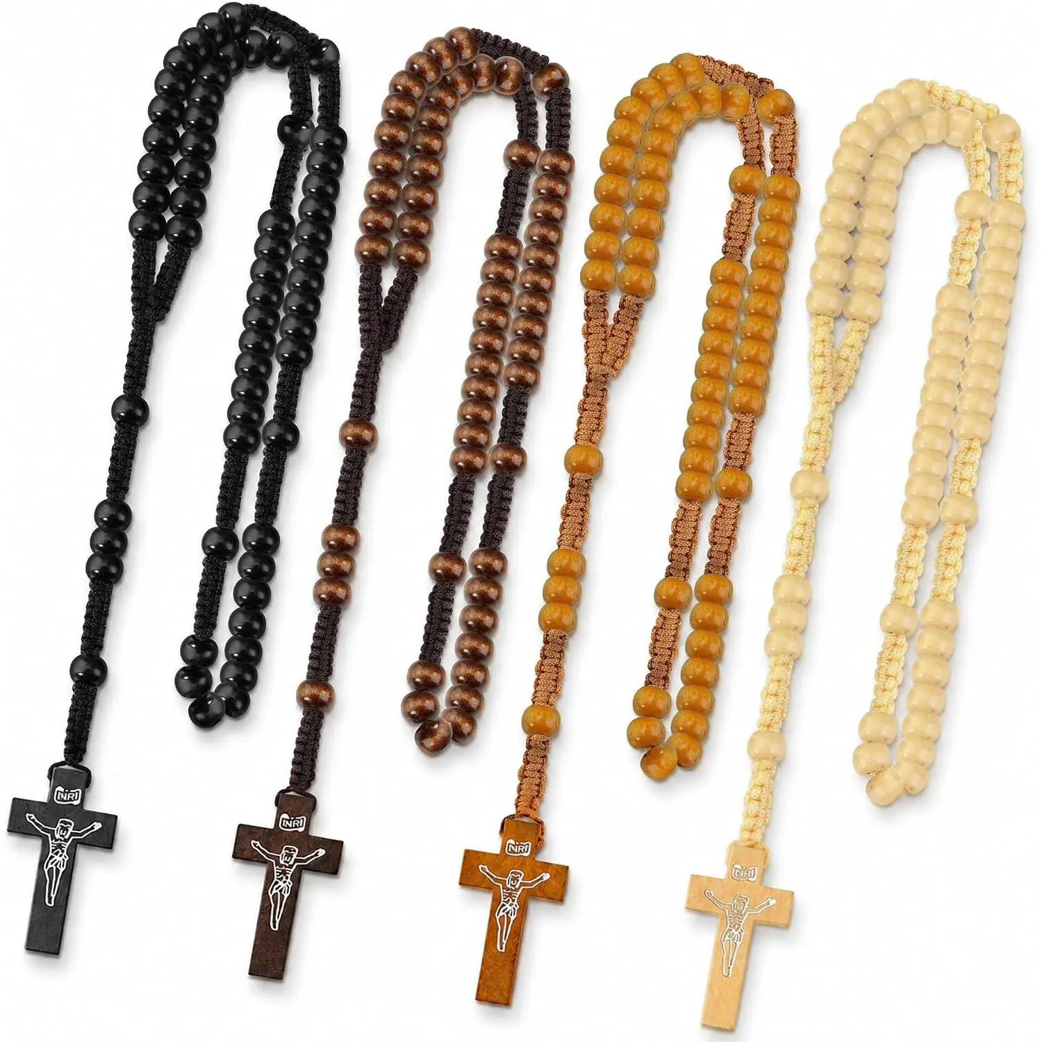 4 Pcs Wooden Rosaries, Christian Prayer Beads for Home Devotion| Christian prayer beads set in 4 colors with wooden beads and woven cord for home devotion, prayer corners and gifting