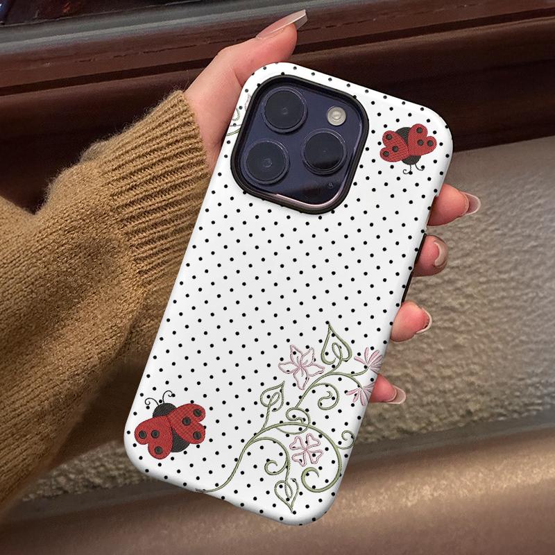 Polka Dot Ladybug Pattern Phone Case , Shockproof Rugged Cover Dual Layer Soft TPU Hard Bumper Shell for iPhone 7 8 X XR 11 12 13 14 15 16 17 Pro Max Plus Air, Cute Y2K Art Style, Kawaii Floral