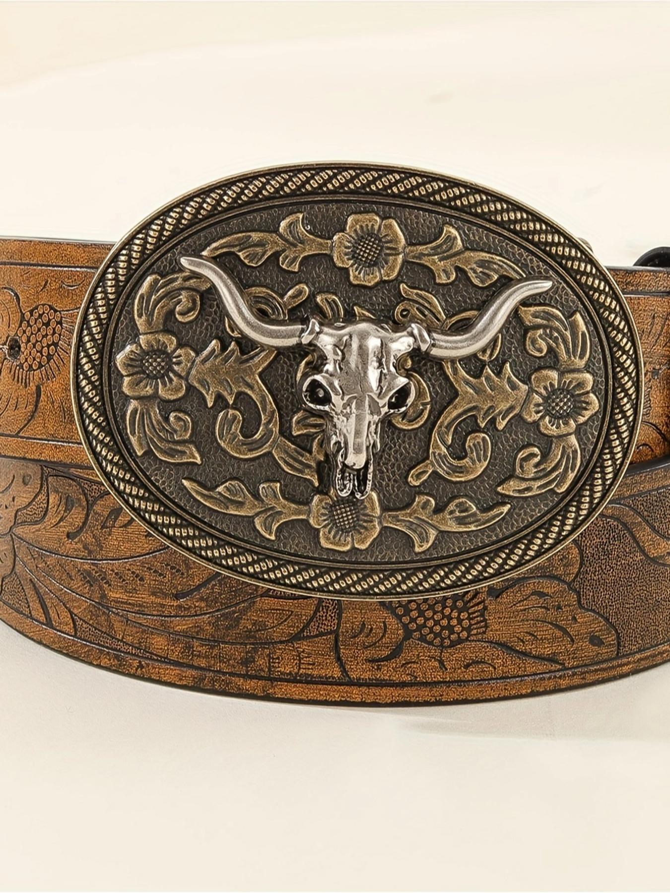Vintage Flowers Embossed Western Belt with Cow Decor Buckle, Western Belt Buckles, Fashion All-match Cowboy Waistband for Jeans, Trendy Accessories for Daily Life