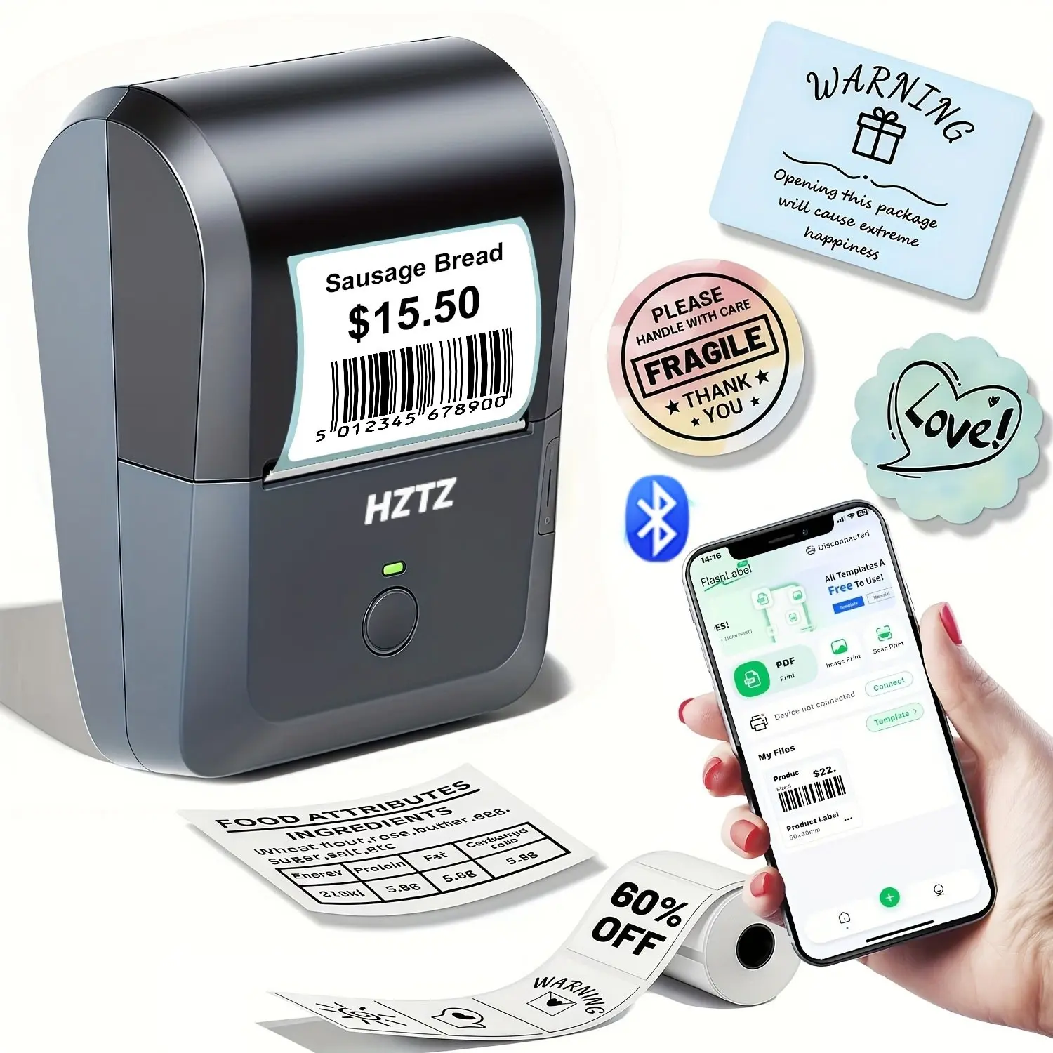 5.08 Cm Portable Mini Printer, Thermal Shipping Label Printer with Roll Paper, Small Pocket Printer, Easy to Use, Ideal for Offices, Homes, Small Businesses