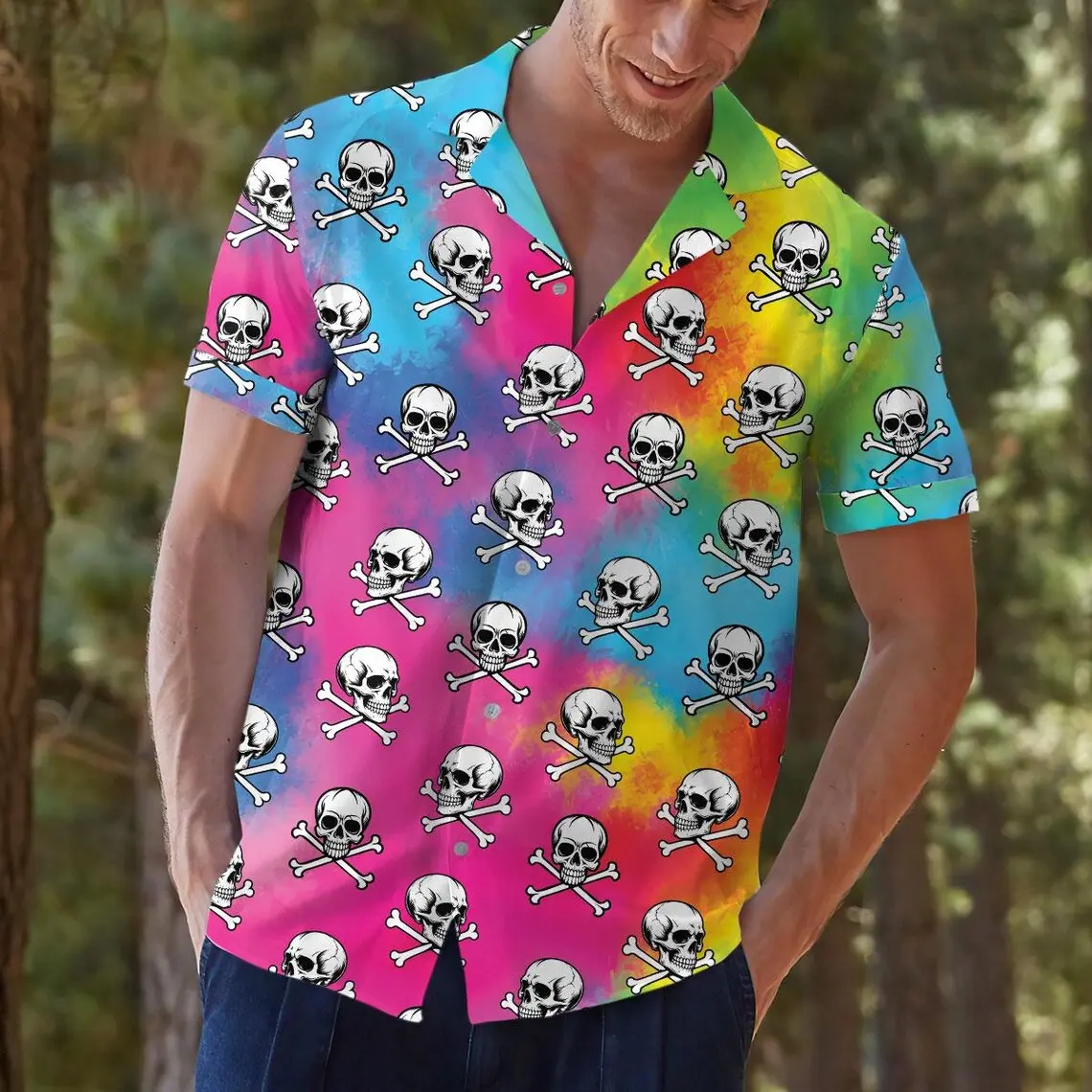 Rainbow Skull Hawaiian Shirt, Gothic Aloha Beach Button Up, Summer Party Streetwear