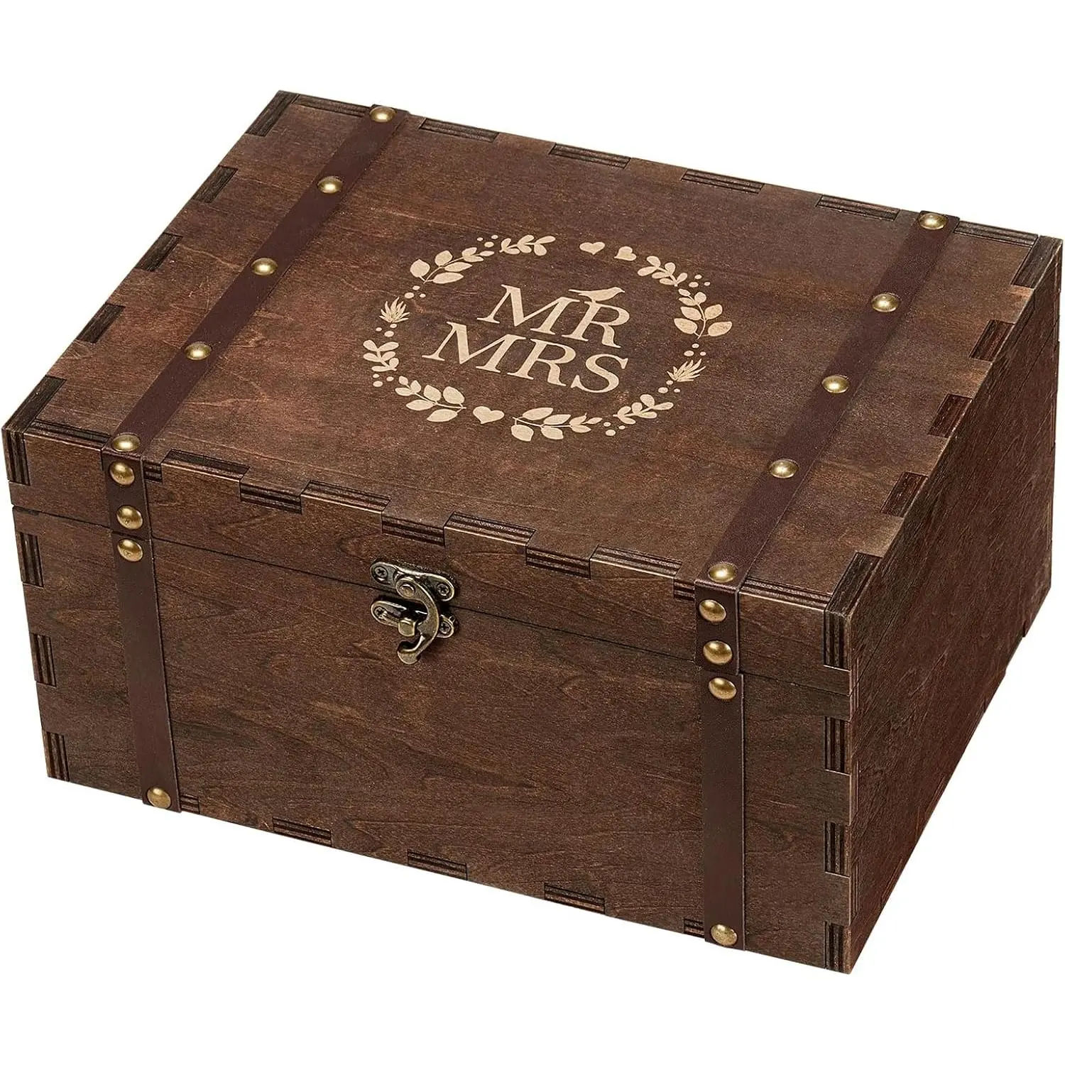 Large Engraved Wooden Mr and Mrs Wedding Keepsake Box with Lid, Home Organiser Storage & Decorative Box, Bridal Shower & Engagement Gift for Newly Engaged Couples, Leather, Engraved Lid