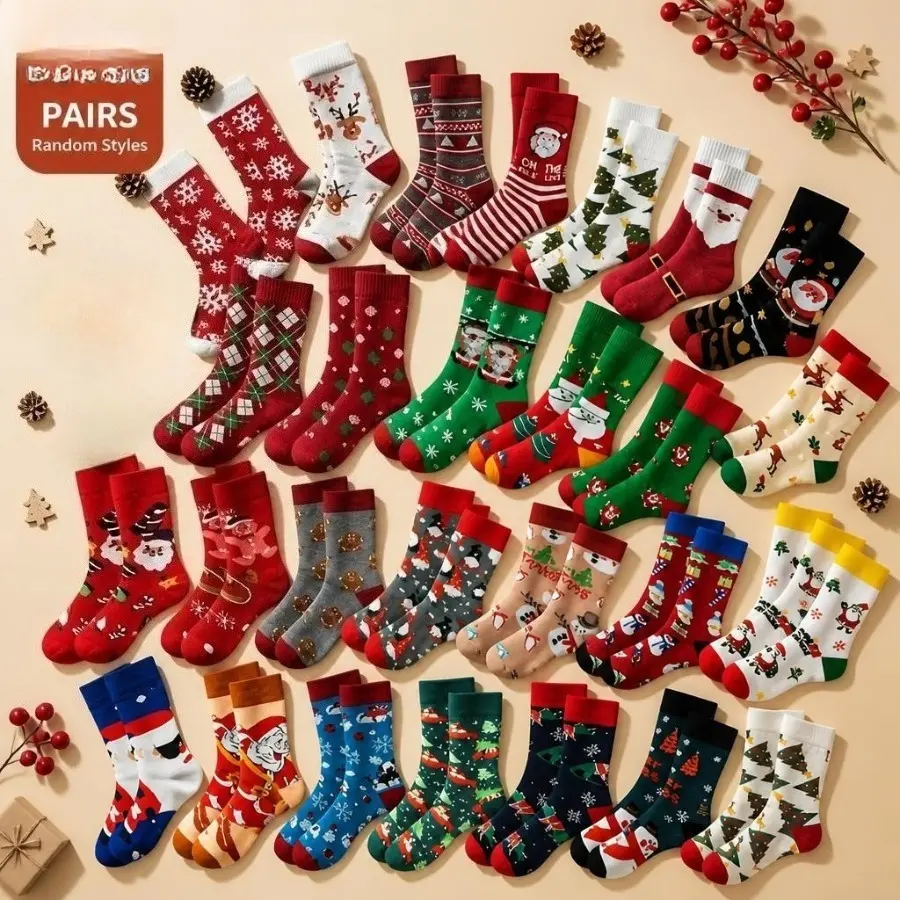 5Pairs Christmas Pattern Random Crew Socks Bulk Unisex Soft Breathable Stretch Holiday Novelty Socks Assorted Santa Snowflake Reindeer Print Footwear for Family Party Xmas Daily Casual Winter Wear