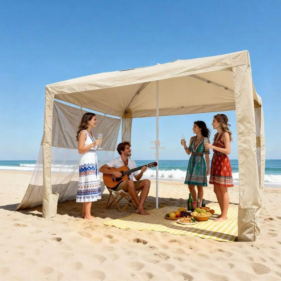 Beach Cabana, 8 X 8 Ft Beach Canopy With Side Wall, UPF 50+ Protection Easy Setup Cabana Tent With Sand Pockets, Adjustable Height Portable Shade Sun Shelter Umbrella For Family & Friends, Khaki