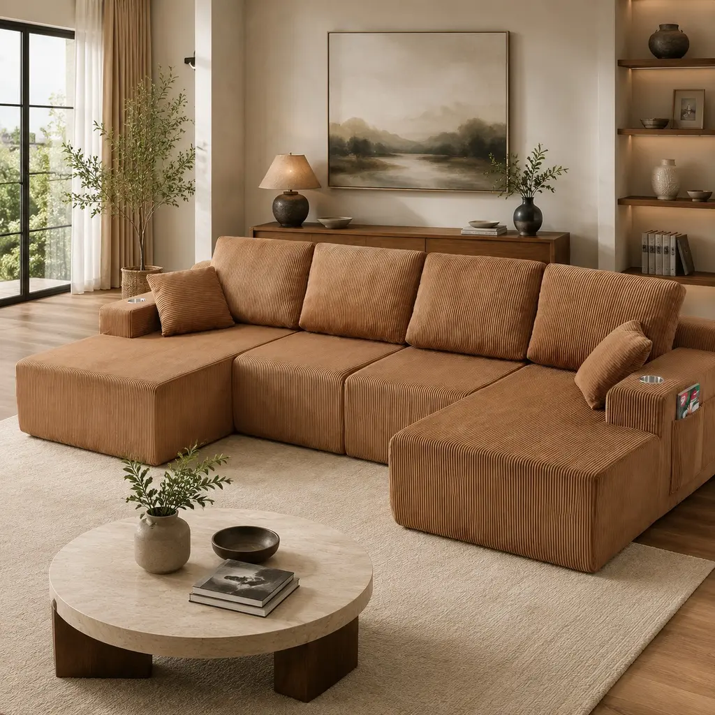 ARCH U-Shaped Modular Sectional Sofa with Chaise - 130" 6-Seat Corduroy Couch, Extra-Wide Wale Fabric, Innerspring Bolster Back Cushions, 59.00" W x 130.00" D x 25.59" H, 1800 lbs Capacity, Living Room Furniture for Large Families & Gatherings