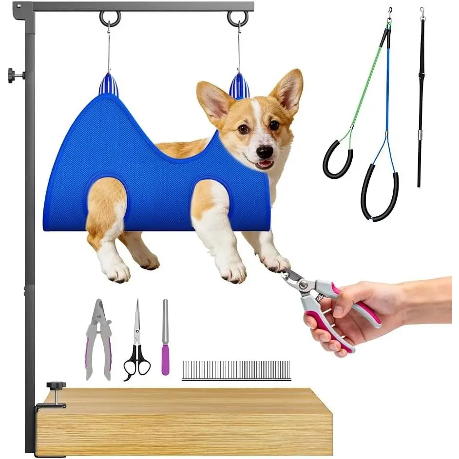 Portable Foldable Dog Grooming Arm Kit - Height Adjust 27"-40", Anti-Slip Heavy Duty Clamp, Hammock, 4pc Tools, No-Sit Restraint, Secure Hold for Small-Medium Dogs, Stress-Free Home Salon Set, Grooming Kit, Anti-Slip Clamp
