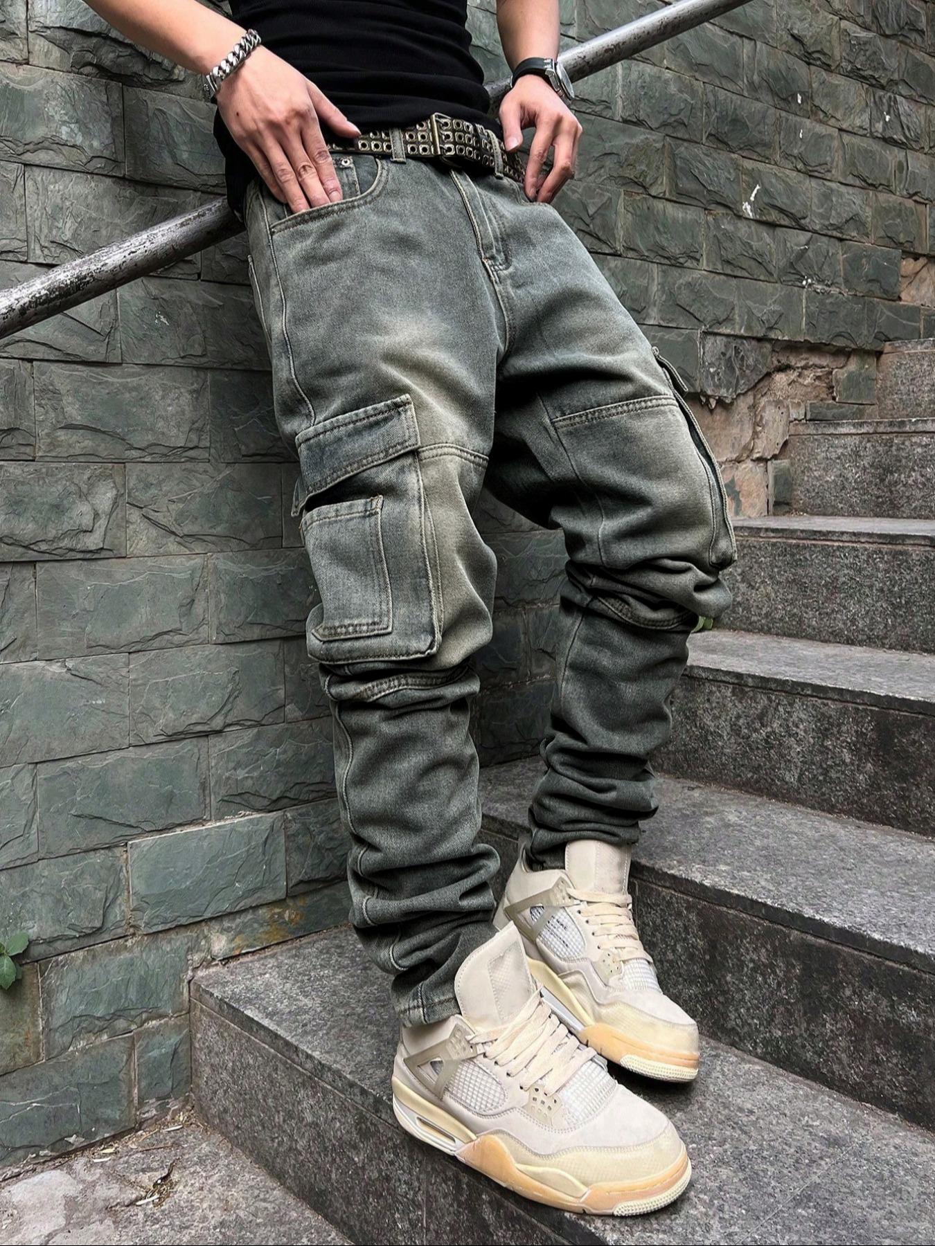 Men's Pioneer Trend Heavyweight Washed Vintage Street Casual Workwear Jeans Extra-Long Straight Loose Fit | Multi-Pocket Design for All Seasons | Button Closure Ideal for Men's Daily Wear