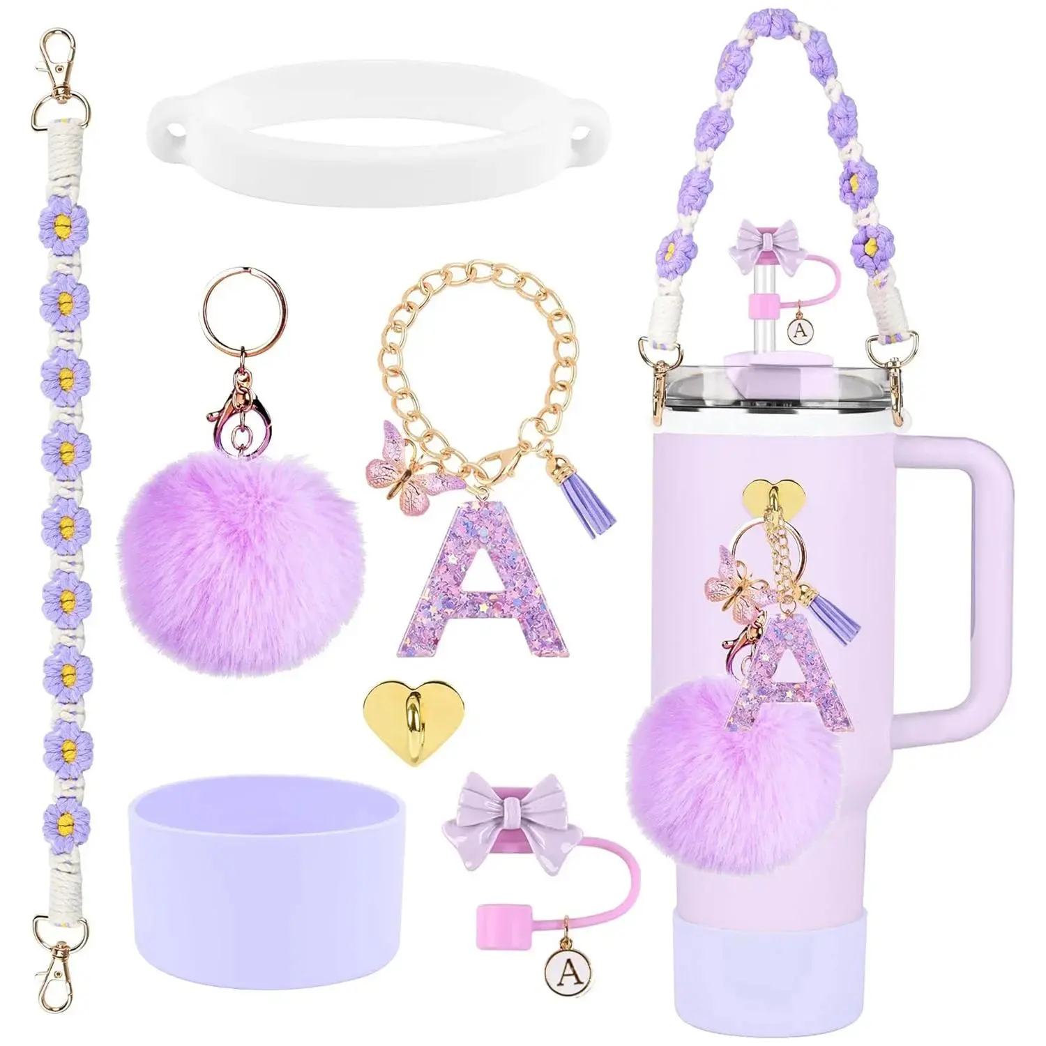 7PCS Accessories Set for Stanley Cup Purple Straw Topper Cup Boot Water Bottle Handle Strap Letter Charms 40oz 30oz Tumbler