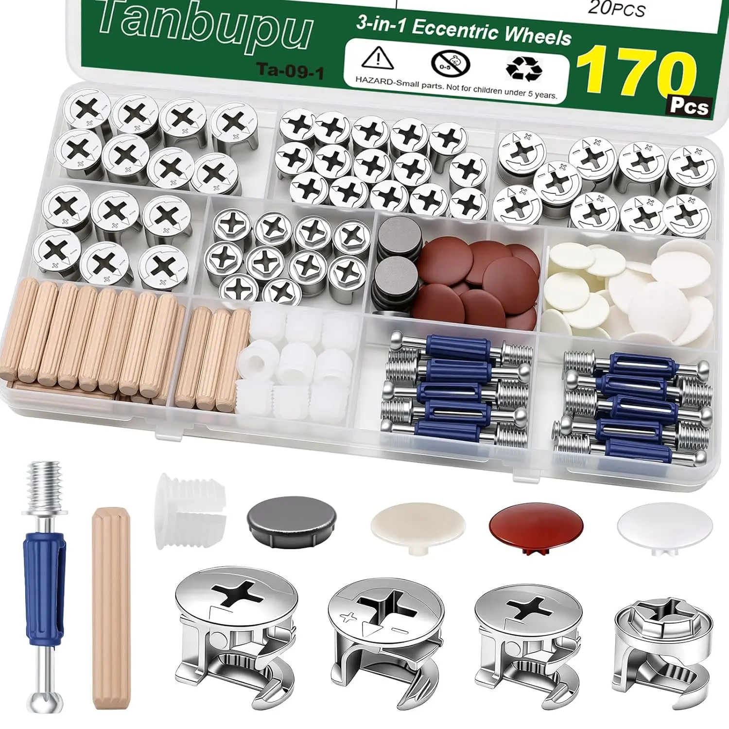 170-Piece Furniture Cam Lock Fastener Tool Kit - 3-in-1 Eccentric Wheels, Nuts & Screws, Multi-Size Hardware for Drawers, Cabinets, Wood Surfaces