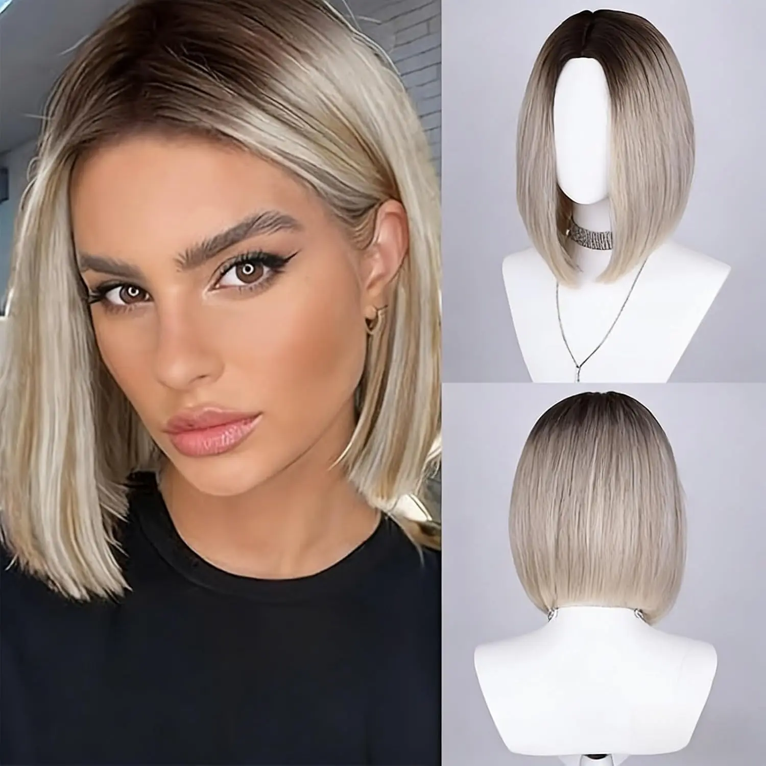 Gray Blonde Ombre Bob Wig, 12 Inch Real Human Hair, Glueless Middle Part Lace Hairline for Cosplay, Short Bob Hairstyles, 12 Inch Hair, Ombre Effect, Cosplay Use
