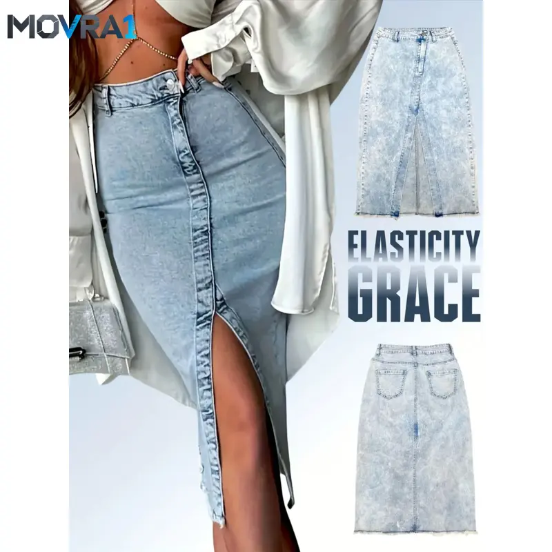 MOVRA1 Designer Style Women's Skirt, French Elegance, Chic, Elegant, Split Hem, Bodycon Fitted Skirt, Fitted Waist Skirt, Waist Skirts, Light Blue Washed, Elasticity, Fit, Versatile Fashion All Seasons, Womenswear