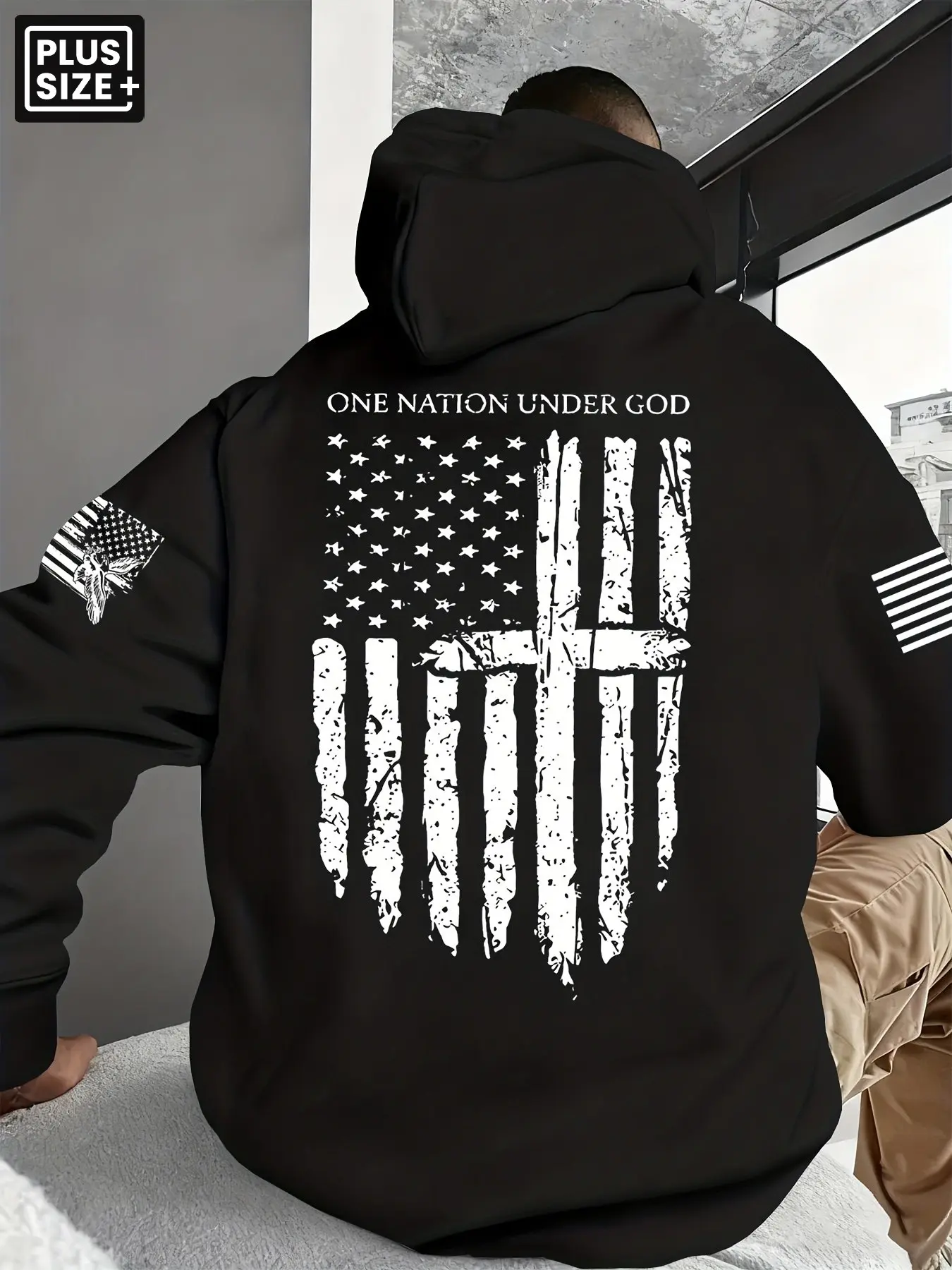 PLUS SIZE MEN ONE NATION UNDER GOD AMERICAN FLAG CROSS PRINT HOODIE LONG SLEEVE LOOSE FIT PULLOVER HOODED SWEATSHIRT VINTAGE DISTRESSED PATRIOTIC FAITH RELIGIOUS TOP FOR AUTUMN WINTER DAILY OUTDOOR STREET OUTFIT RARE AESTHETIC