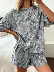 Women's 2-Piece Set, Comfortable Camo Print Loose Fit Short Sleeve T-Shirt and Elastic Waist Shorts, Casual All-Season