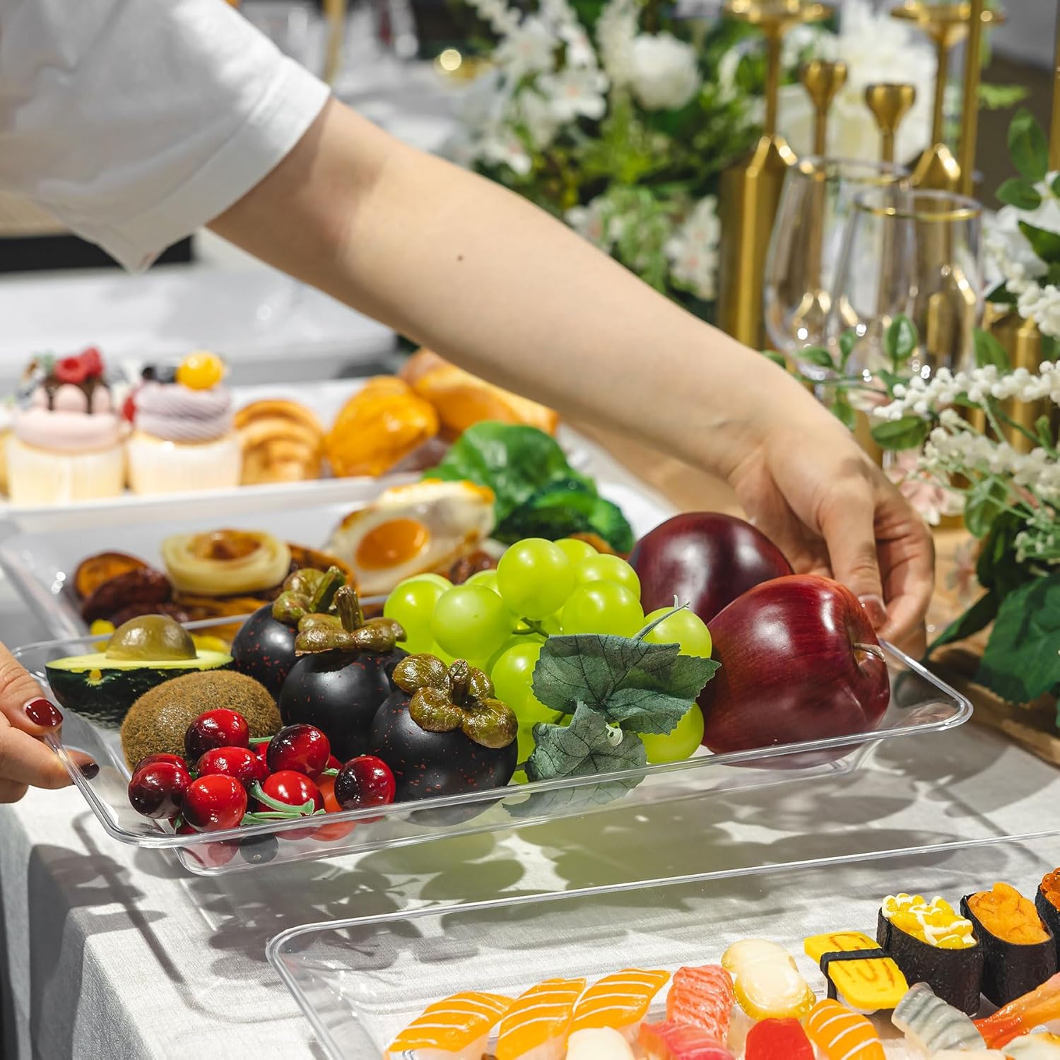 6-Pack 14" x 9" Clear Large Plastic Serving Trays,  Serving Platters for Dessert, Fruit, Snacks, Cookies, Heavy Duty  Serving Tray for Kitchen, Party