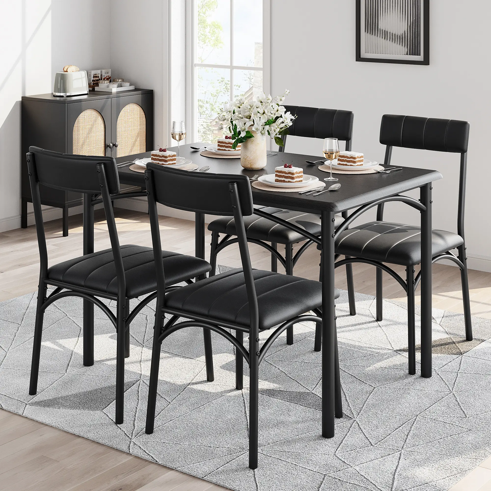 5-Piece Dining Table Set, Compact Metal-Wood Rectangular Kitchen Table with Upholstered Chairs - Multi-Piece Space-Saving Indoor Furniture for Small Apartments, Rustic Grey Brown, Compact Table And Chairs Dining Room Furniture