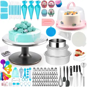 Alloy Revolving Cake Stand & Carrier - 268 count Kit with 54 Piping Tips,  Cake Discs, Various Spatulas