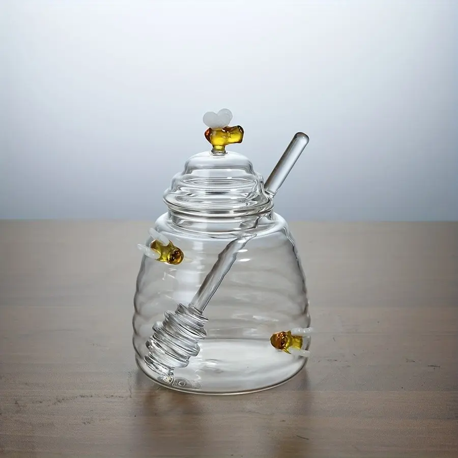 High Aesthetic Honey Bee Storage Jar, Luxury Borosilicate Glass, Leak-Proof Sealed, Includes Dip Stick, Kitchen Decor, Gift Idea, Containers