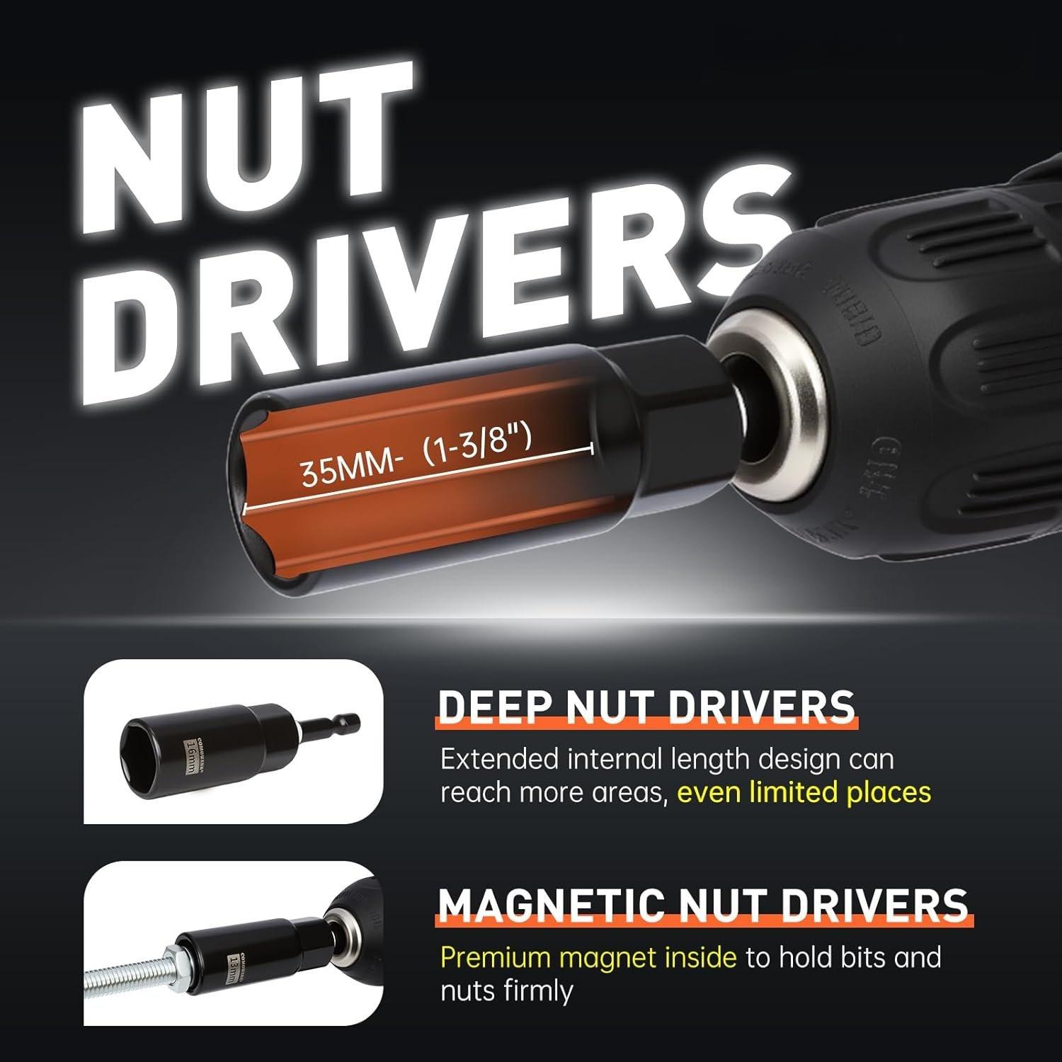 Impact Nut Driver Set, 55 count Deep Nut Driver Set, Metric/SAE Sockets, Bit Extension, 1/4'' Quick Change, Cr-V Steel for Automotive & Industrial Use