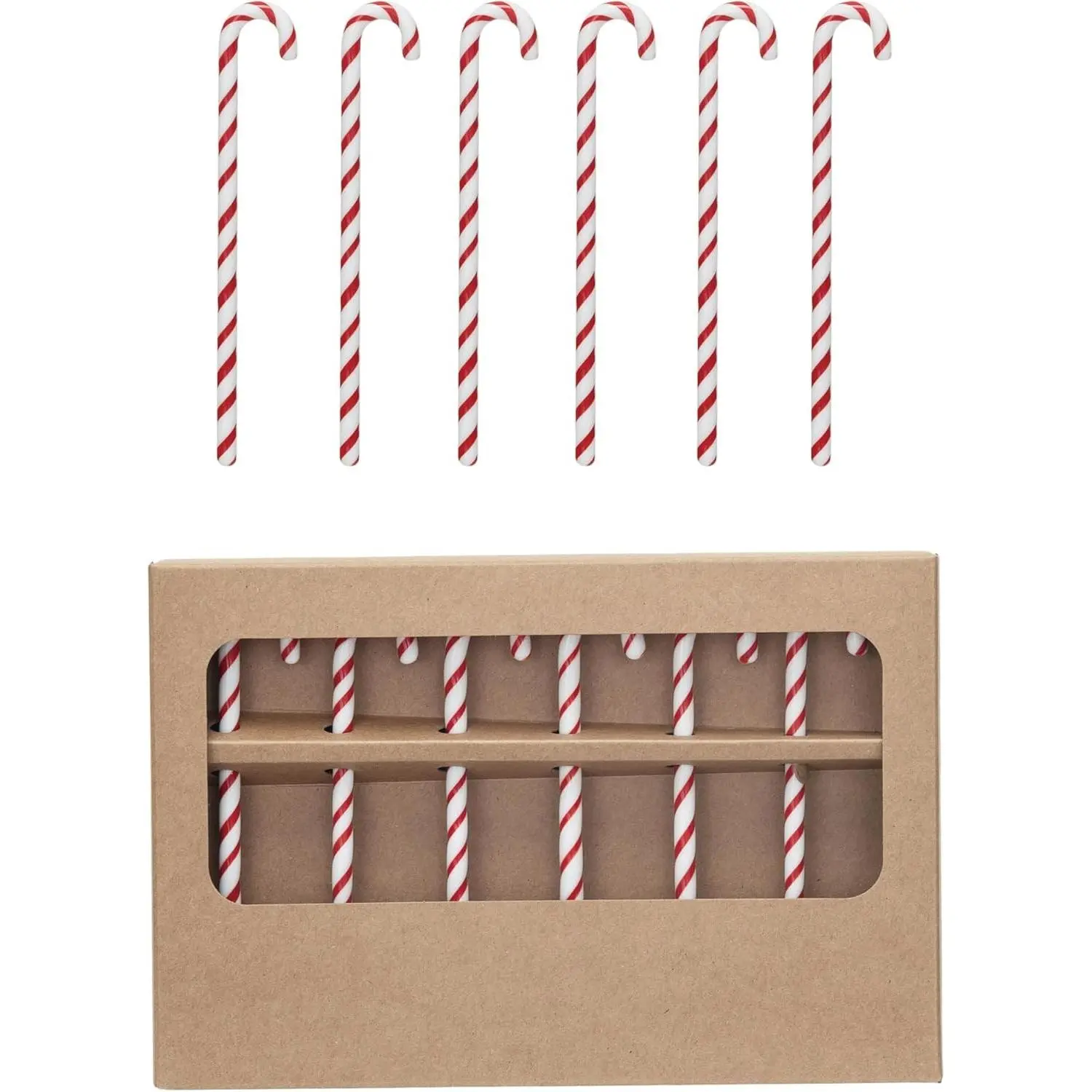 Creative Co-Op Set of 6 Red and White Glass Candy Cane Shaped Stir Sticks