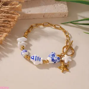 Summer Nautical Style Porcelain Charm Bracelet, Starfish Tiny Fish Heart Decor Wristband, Trendy Ocean Vacation Statement Jewelry, Comfort Lightweight Ornaments Perfect For Beach Trips, Pool Parties, Daily Commute And Retro Seaside Styling