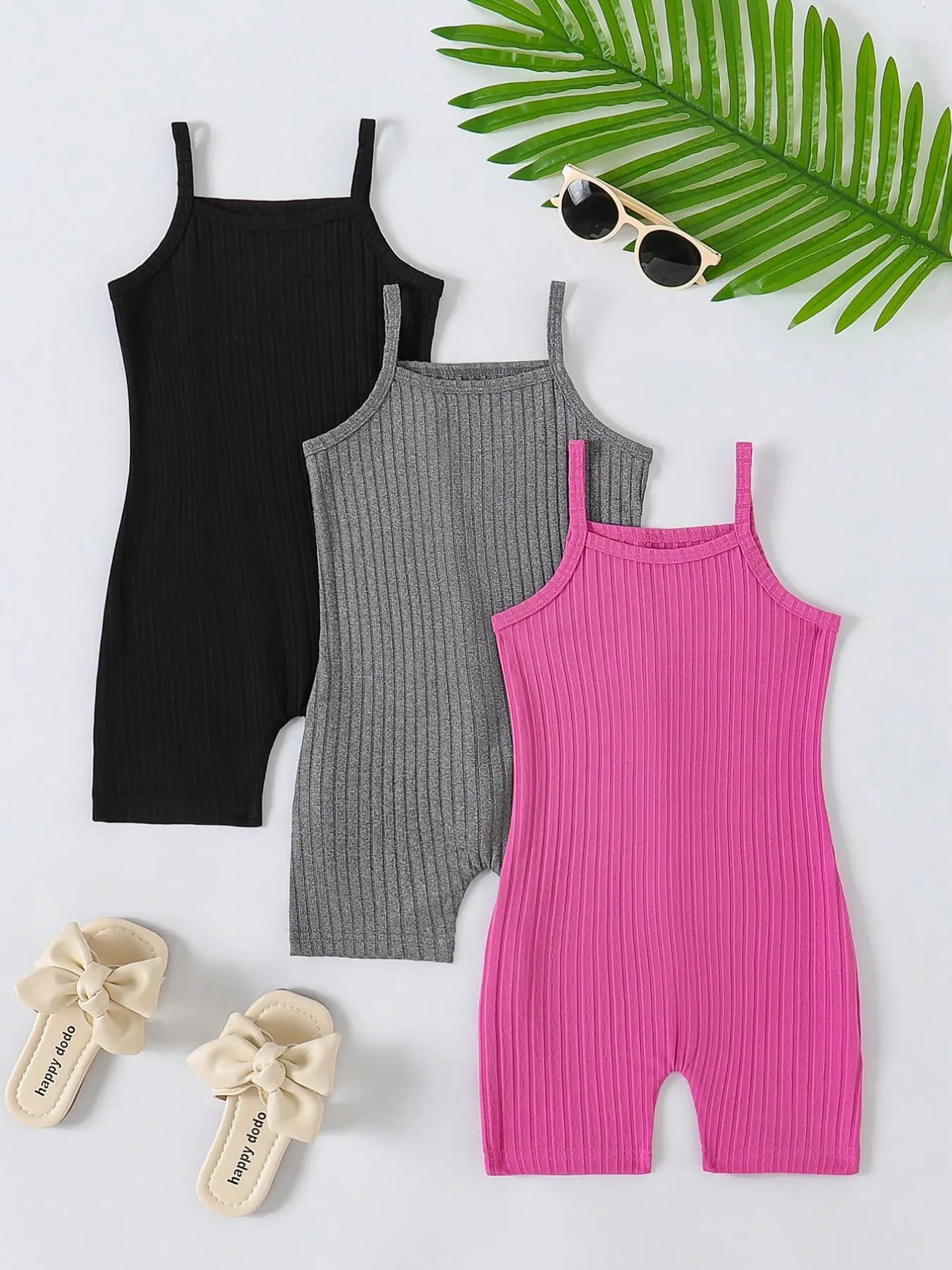Baby Girls Plain Ribbed Strap Romper Set Three-Piece, Baby Girl Clothes, Sporty Outdoor Wear, Comfortable and Stylish, Perfect for Daily Use, Baby Clothing