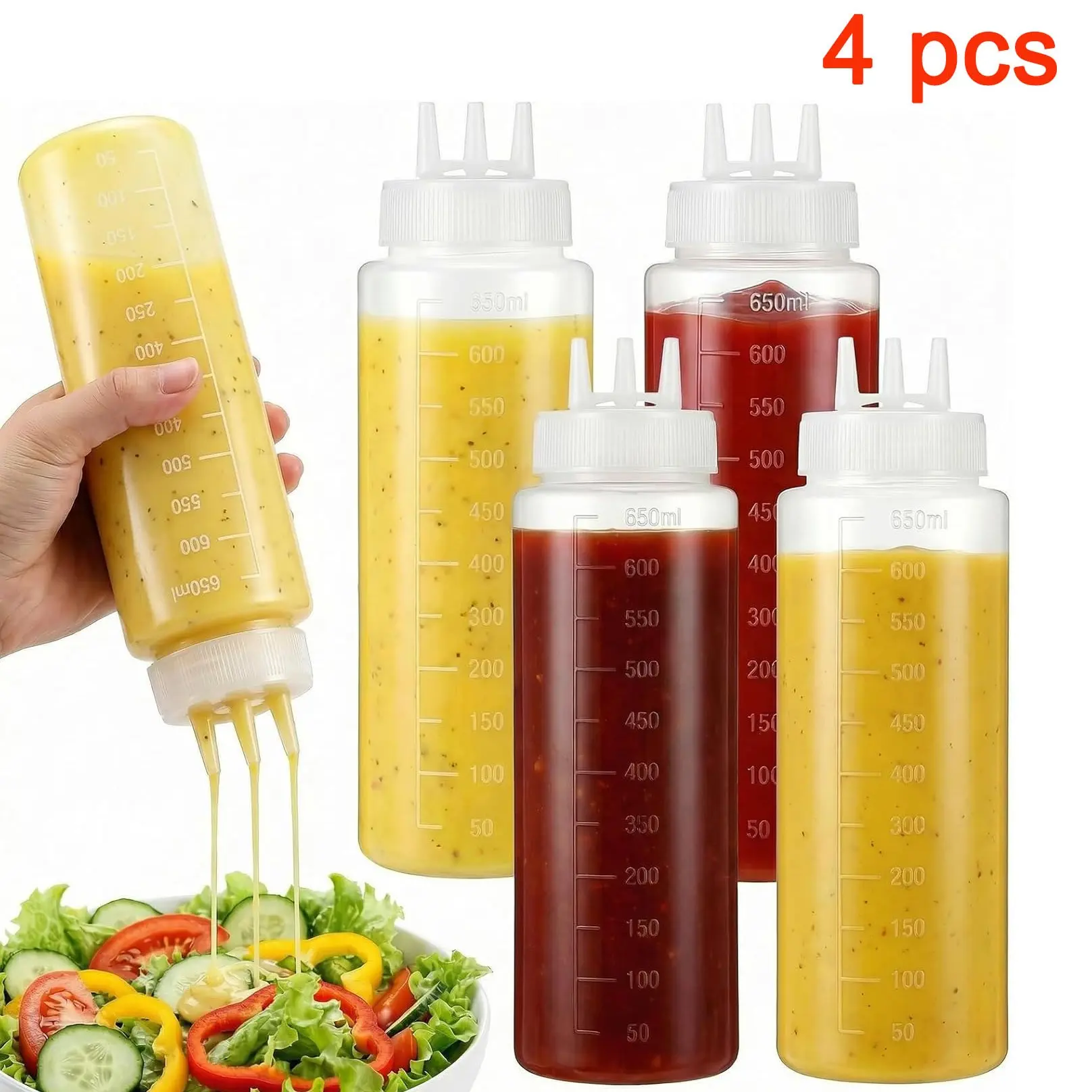 Pack of 4 Seasoning Squeeze Bottle, Syrup Dispenser, Cream Dispenser, 3-Hole Design, Leak-Proof, Suitable for Sauces and Condiments, Ideal for Storing Oil and Syrup,Kitchenware.