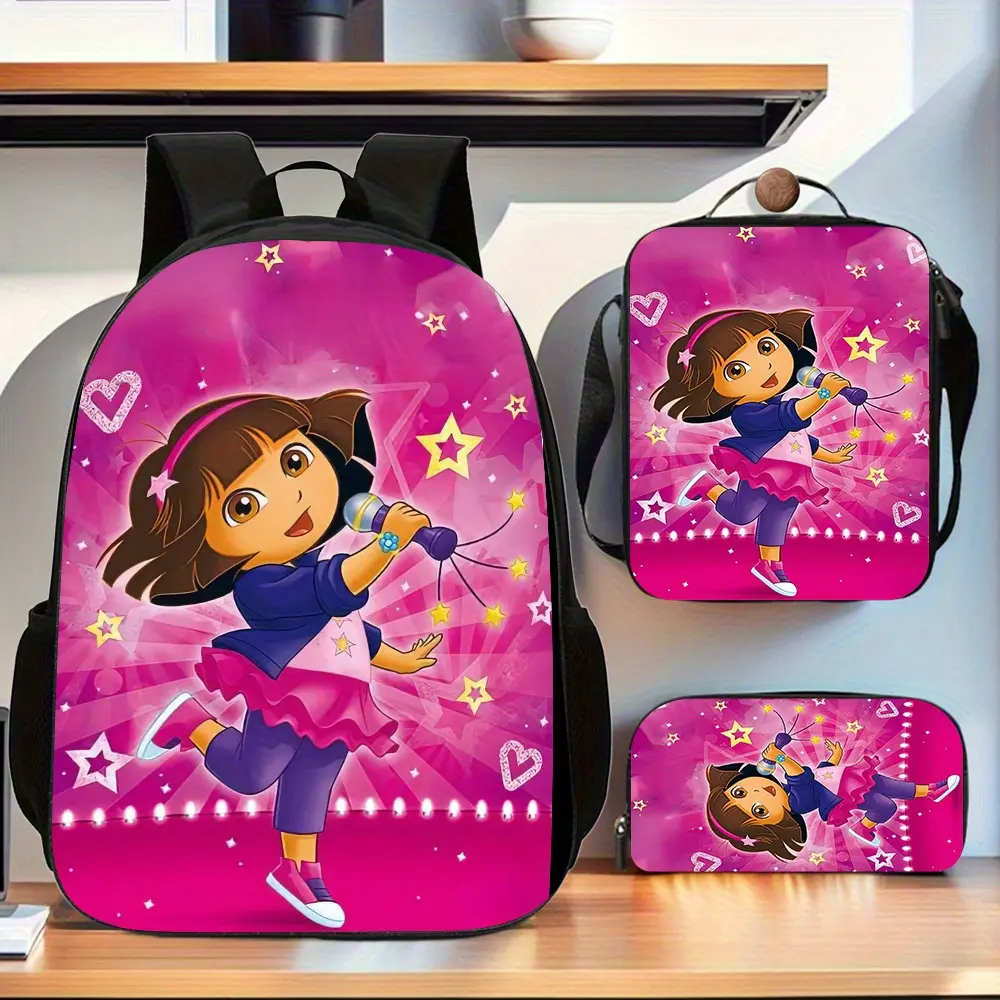 Dora the Explorer dance microphone character print three-piece school bag set, cartoon shoulder strap, insulated lunch box, matching pencil case, suitable for daily use in middle and high school