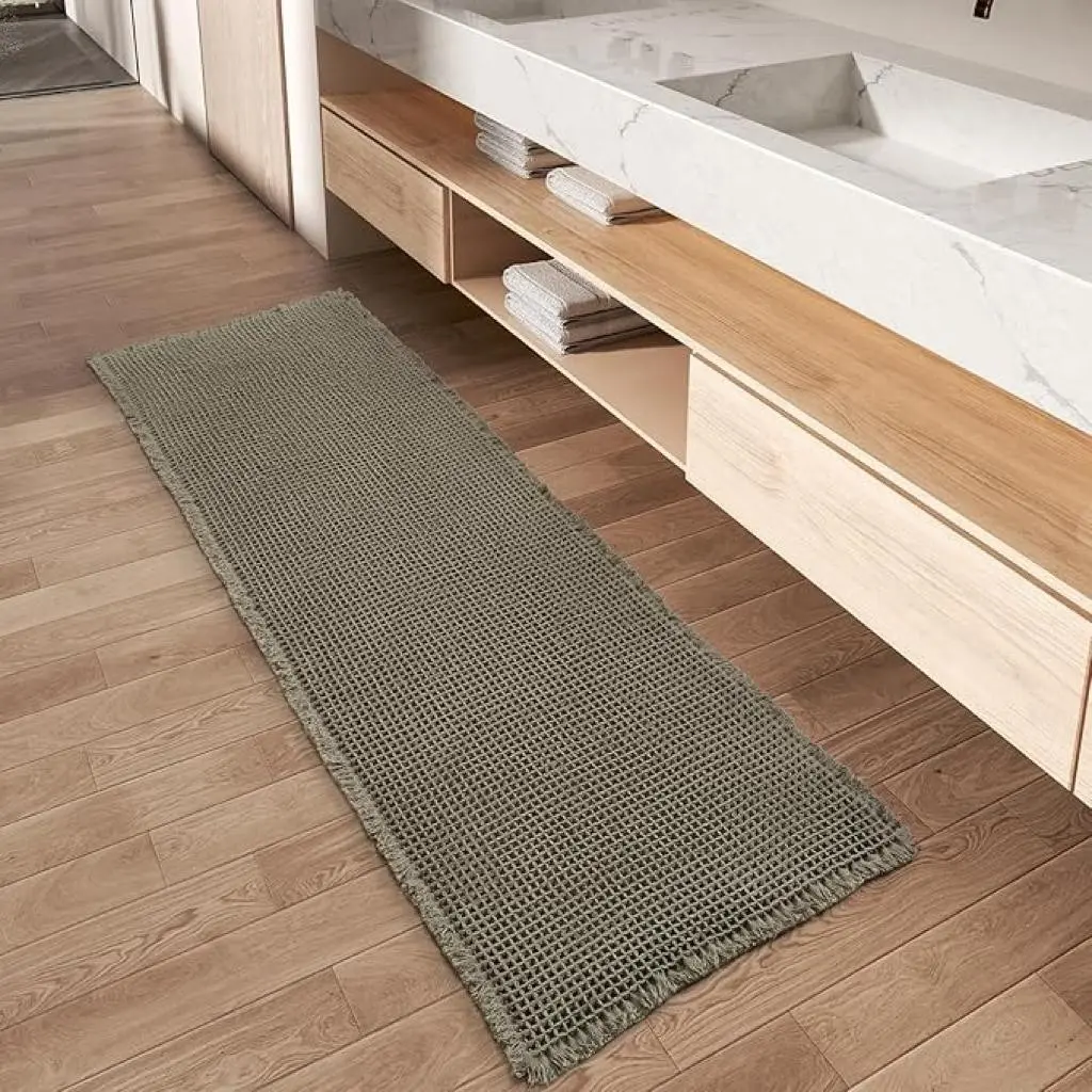 Upgrade Long Waffle Carpet, Super Absorbent Non-Slip Bath Mat, Washable Fringe Bathroom Rug, Ideal for Hallway Bedroom Laundry Room
