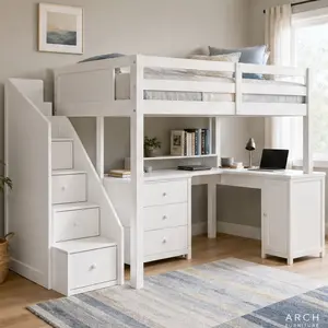 White Pine Wood Twin Size Loft Bed - Smart Multifunctional Beds with L-Shaped Desk, Drawers, Cabinet, Storage Staircase, Space-Saving Kids Bedroom Furniture, No Box Spring Needed, 42.4W x 93.3D x 65.8H in, 229.00 lb