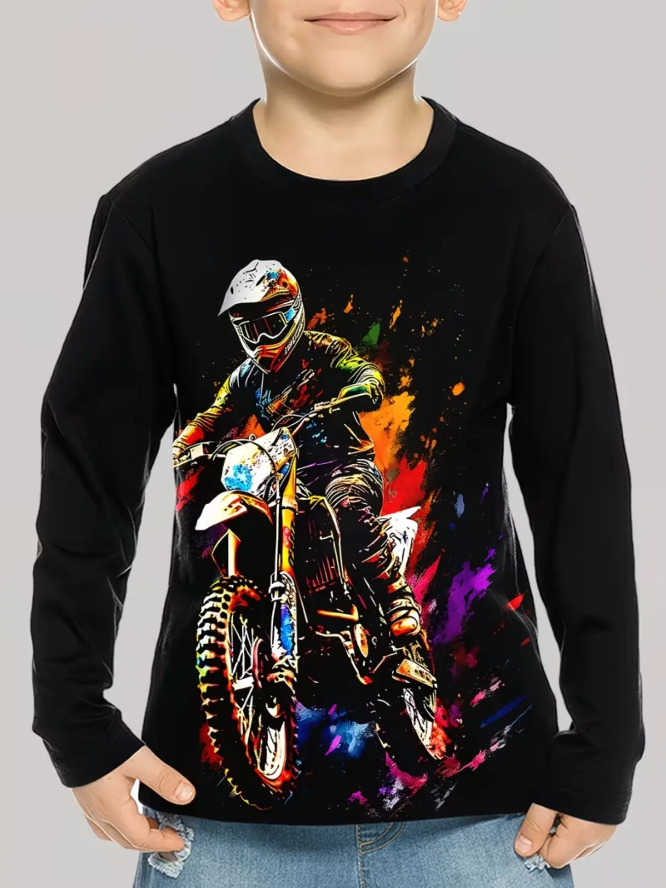 Motorcycle Enthusiast Boy Long Sleeve T-Shirt, Vibrant Graffiti Off-Road Motorcycle Full Print Casual Top, Comfortable and Stylish