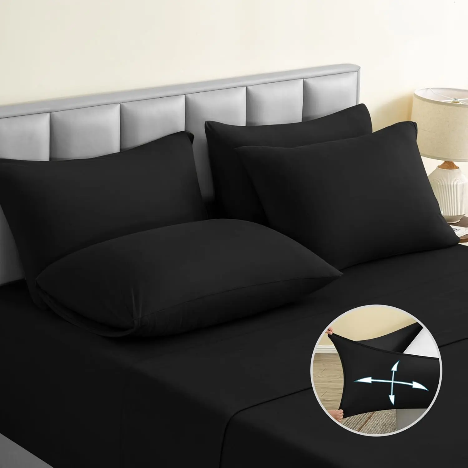 6 Pieces Non-Slip Super Soft Bed Sheet Set(King, Black), Wrinkle-Free and T-Shirt-Like Spandex Blend Sheets with 18-inch Deep Pocket, 4-Way Soft Stretch Bed Sheets