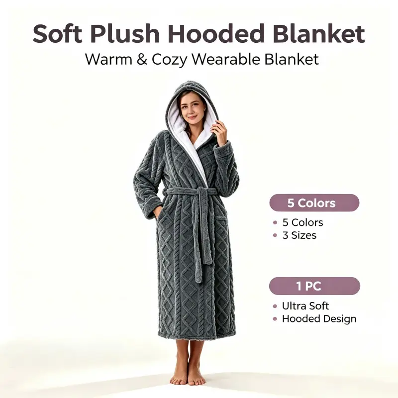 Ultra Soft Thick Hooded Wearable Blanket, Sleepwear Bathrobe, Soft Fleece Long Sleeve Home Clothes, Loungewear, 5 Colors 3 Sizes