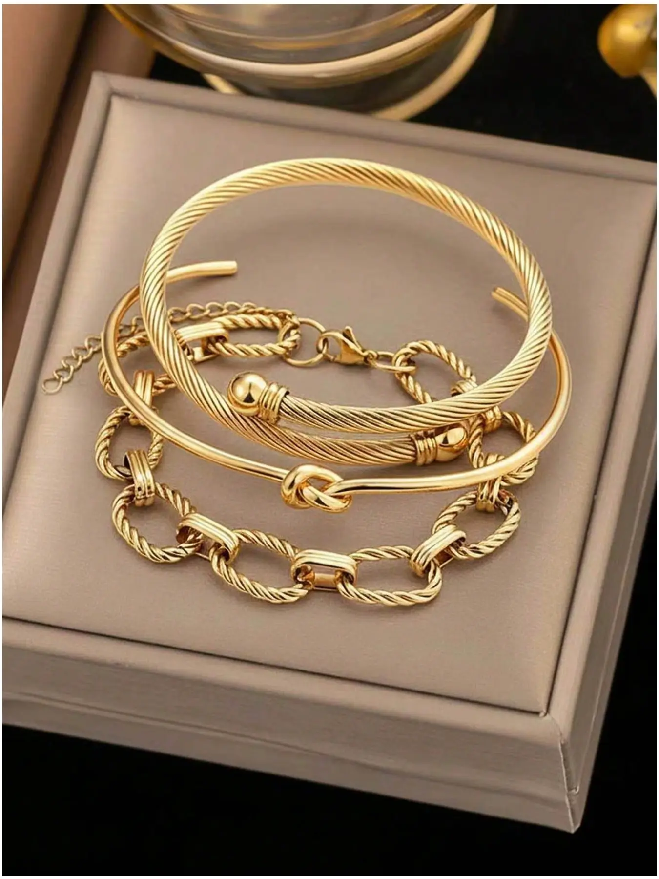 3pcs Stainless Steel Bangle Bracelet Set for Women, Adjustable Bangles, Twisted Rope & Chain Design, Minimalist Luxury Jewelry