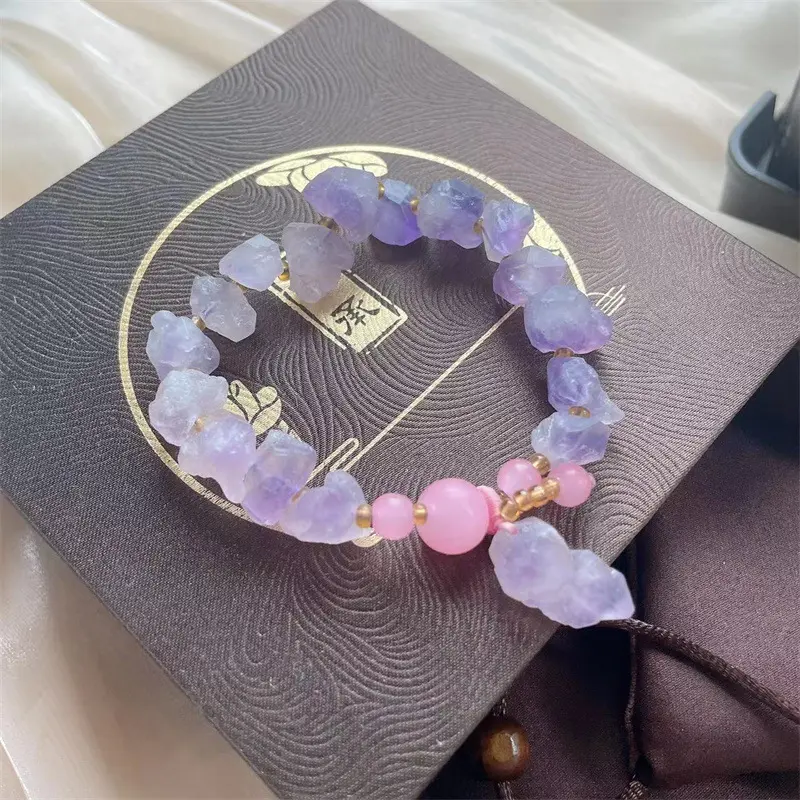 Women's Natural Rough Lavender Amethyst & Rose Quartz Beaded Bracelet - Lavender Raw Hue, Irregular Shapes Beaded Charm, Adjustable Size, Bohemian Vibe Niche Wrist Jewelry for Casual Wear, Raw Crystals, Textured Look, Unpolished Stones, Female, Adults, Na