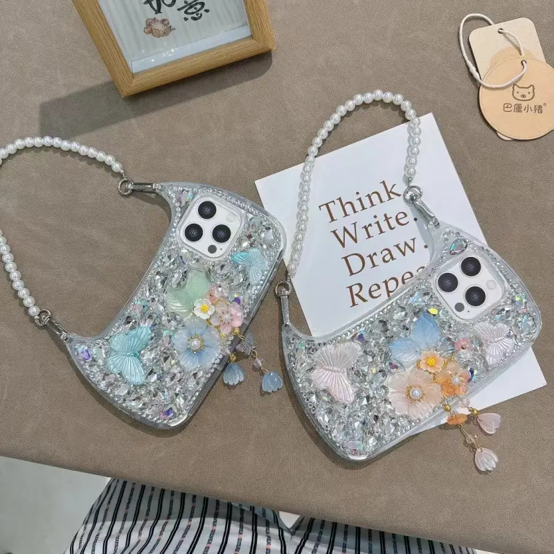 Butterfly rhinestone handbag case suitable for iPhone 17/16 Pro Max, iPhone 15 pearl case, iPhone 14 protective cover Yellow 3d phone